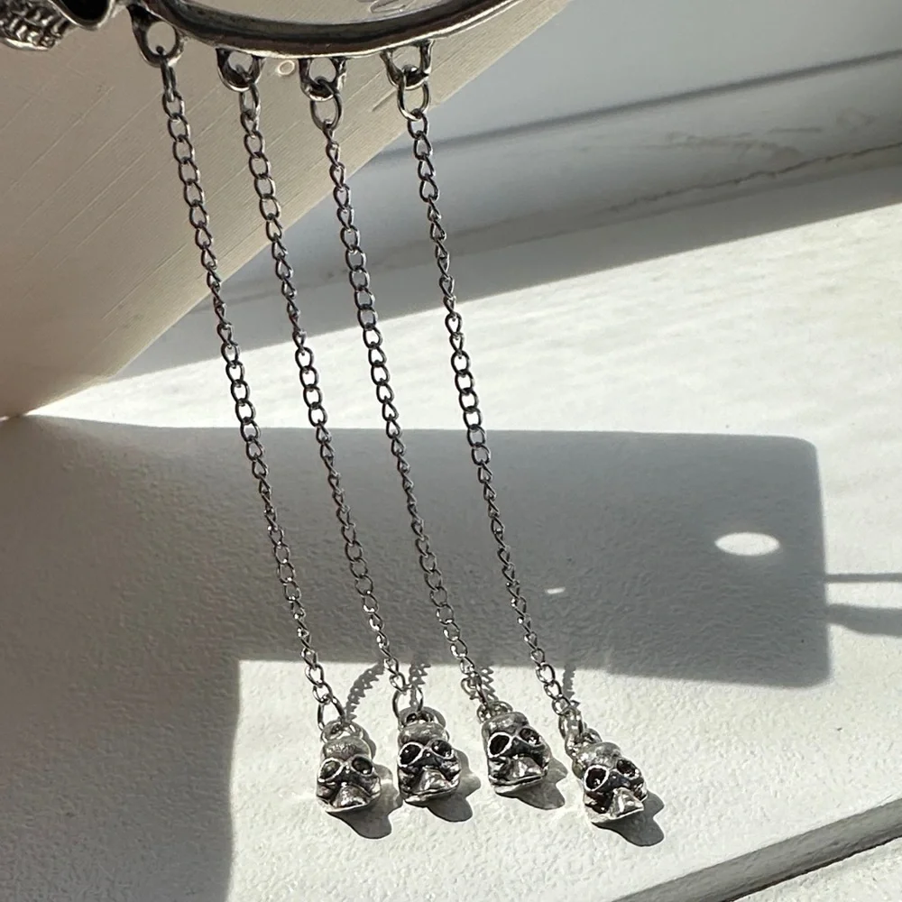 Silver Skull around the ears Chain Earrings